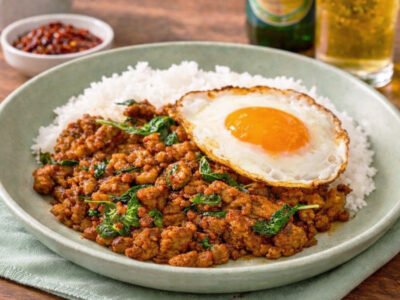 8 april: Thaise pad horapa met rundergehakt, gebakken ei, gewokte groenten en basmati rijst