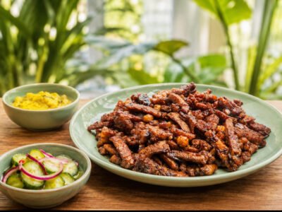 7 oktober: Surinaamse bruine bonen met ketjap tempeh, sperziebonen, gebakken banaan en basmati rijst (VEGA)