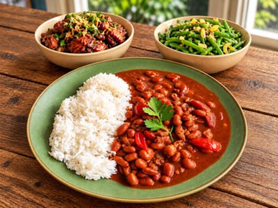 7 oktober: Surinaamse bruine bonen met ketjap kip, sperziebonen, gebakken banaan en basmati rijst